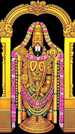 Tirupati Balaji deity adorned with golden ornaments and vibrant floral garlands in a traditional temple setting HD phone wallpaper
