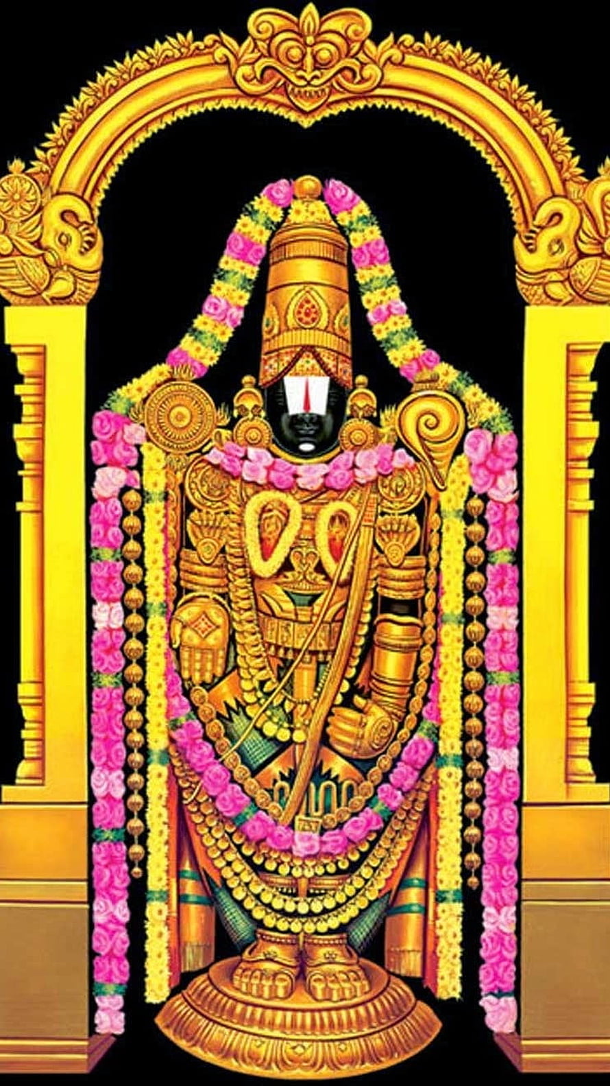 Tirupati Balaji deity adorned with golden ornaments and vibrant floral garlands in a traditional temple setting HD phone wallpaper