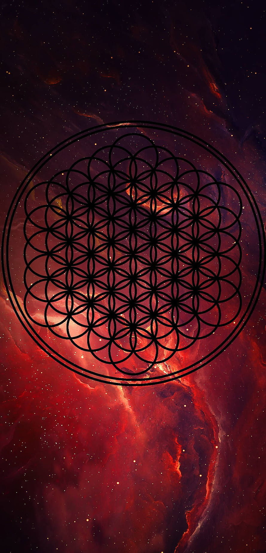 Sacred Geometry Flower of Life Overlaid on a Crimson Cosmic Nebula HD phone wallpaper