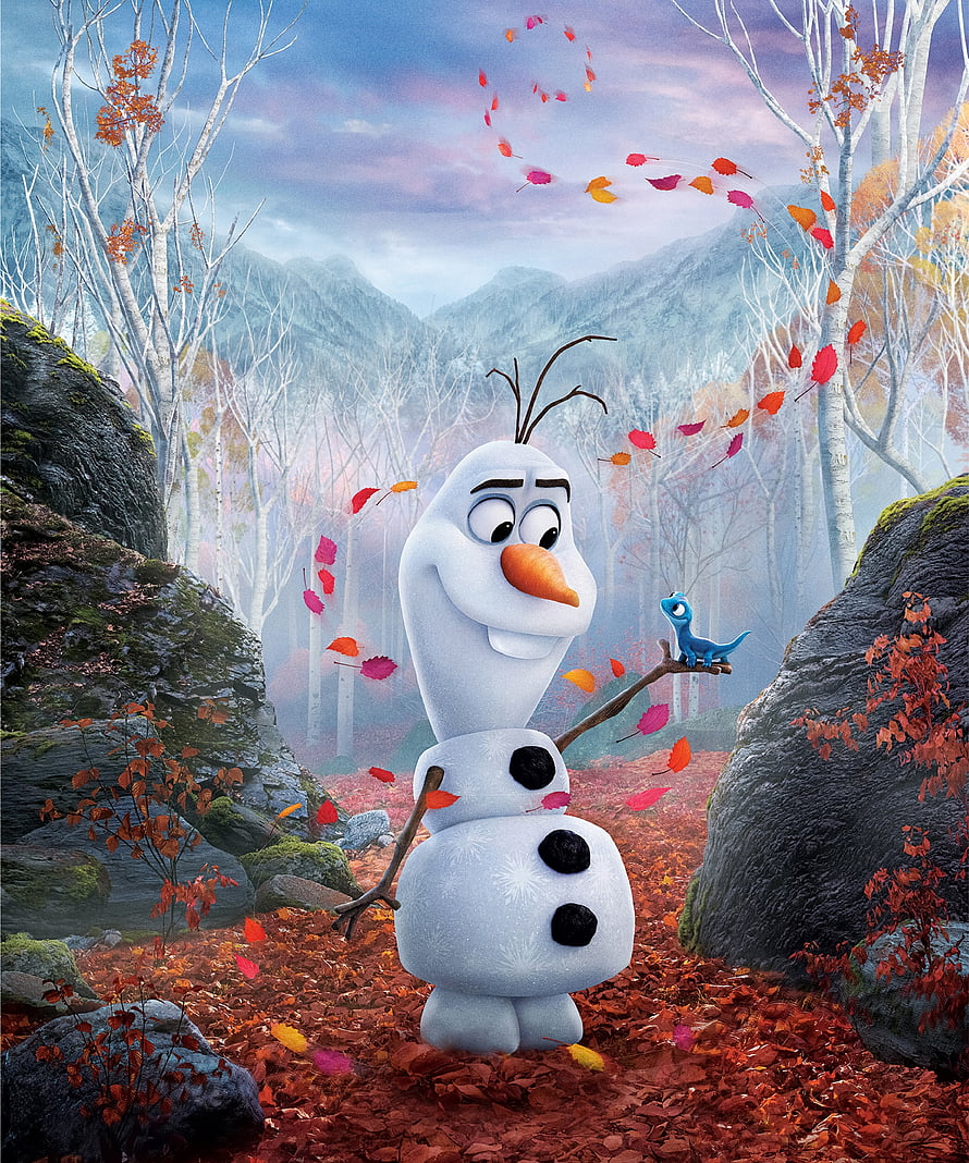 Olaf the Snowman in an Autumn Forest with Falling Leaves and a Blue Lizard, Snowman, Olaf from frozen 2, movie HD phone wallpaper
