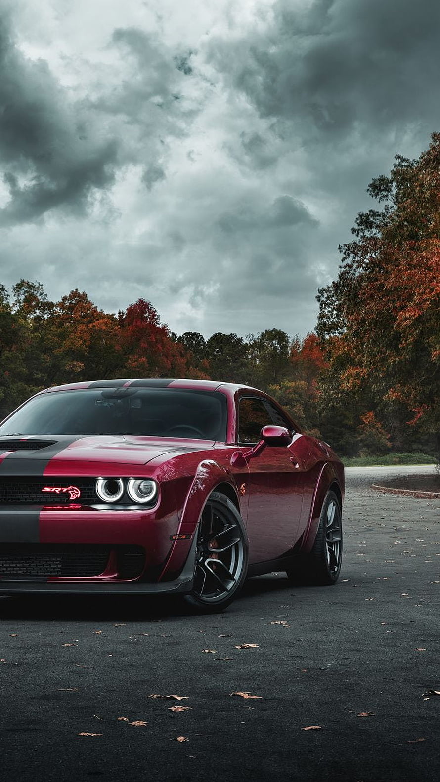 Red Dodge Challenger SRT Hellcat with Black Racing Stripes Under Dramatic Autumn Sky HD phone wallpaper