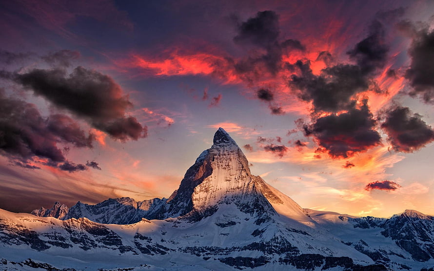 Matterhorn Mountain Peak at Sunset with Dramatic Red Clouds HD wallpaper