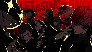 Persona 5 Phantom Thieves Group Artwork with Red Background and Let Us Start the Game Text HD wallpaper