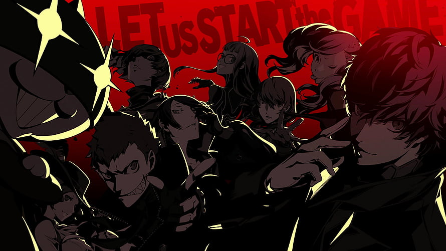 Persona 5 Phantom Thieves Group Artwork with Red Background and Let Us Start the Game Text HD wallpaper