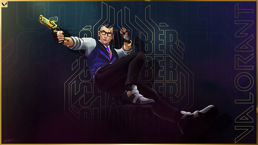 Chamber from Valorant in a dynamic action pose holding a golden pistol against a dark background HD wallpaper