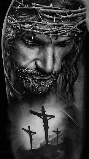 Realistic Black and Grey Jesus Crown of Thorns Tattoo with Crucifixion Scene HD phone wallpaper