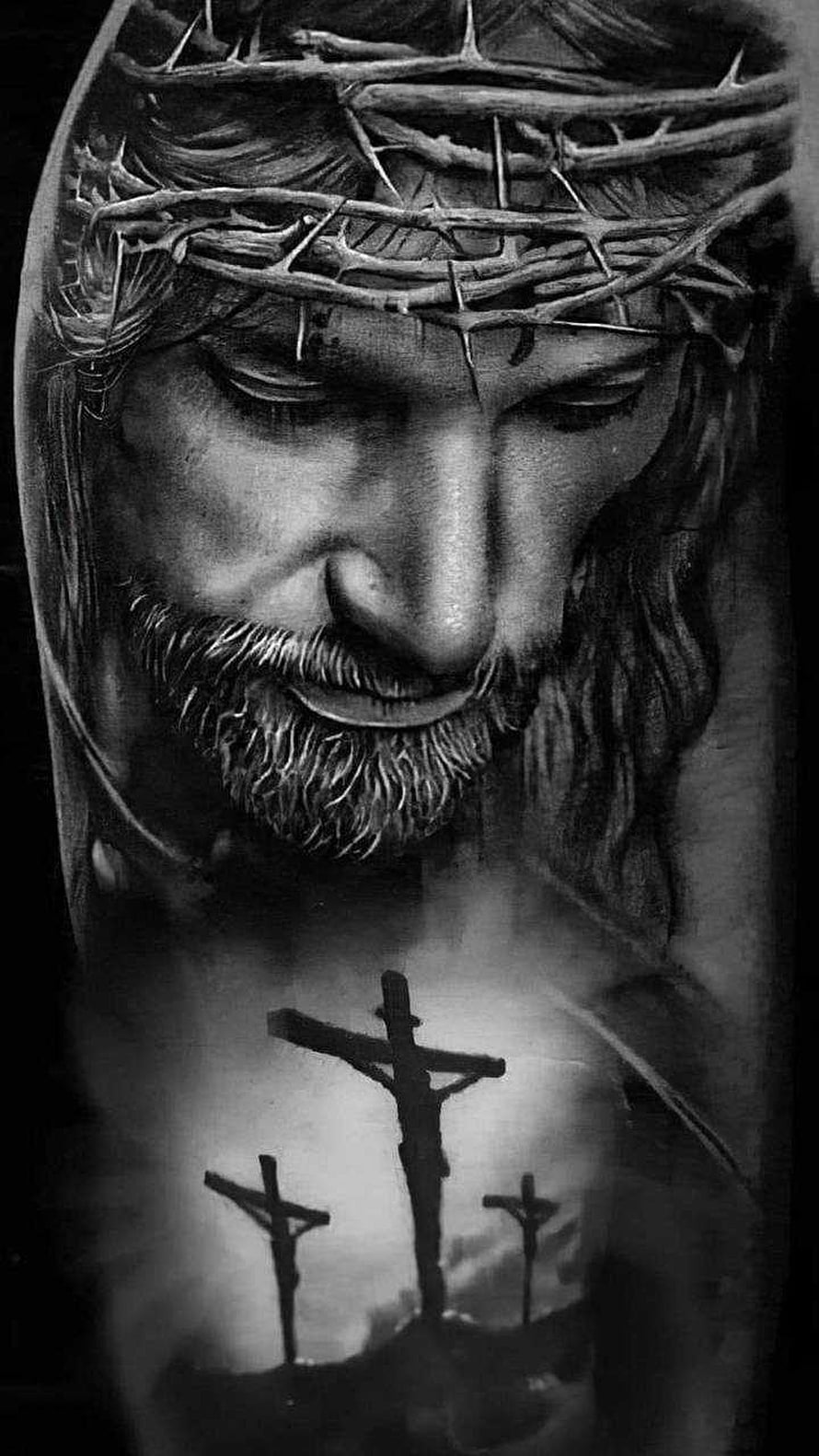 Realistic Black and Grey Jesus Crown of Thorns Tattoo with Crucifixion Scene HD phone wallpaper
