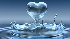 Translucent 3D Water Heart Splash on Blue Gradient Background HD wallpaper