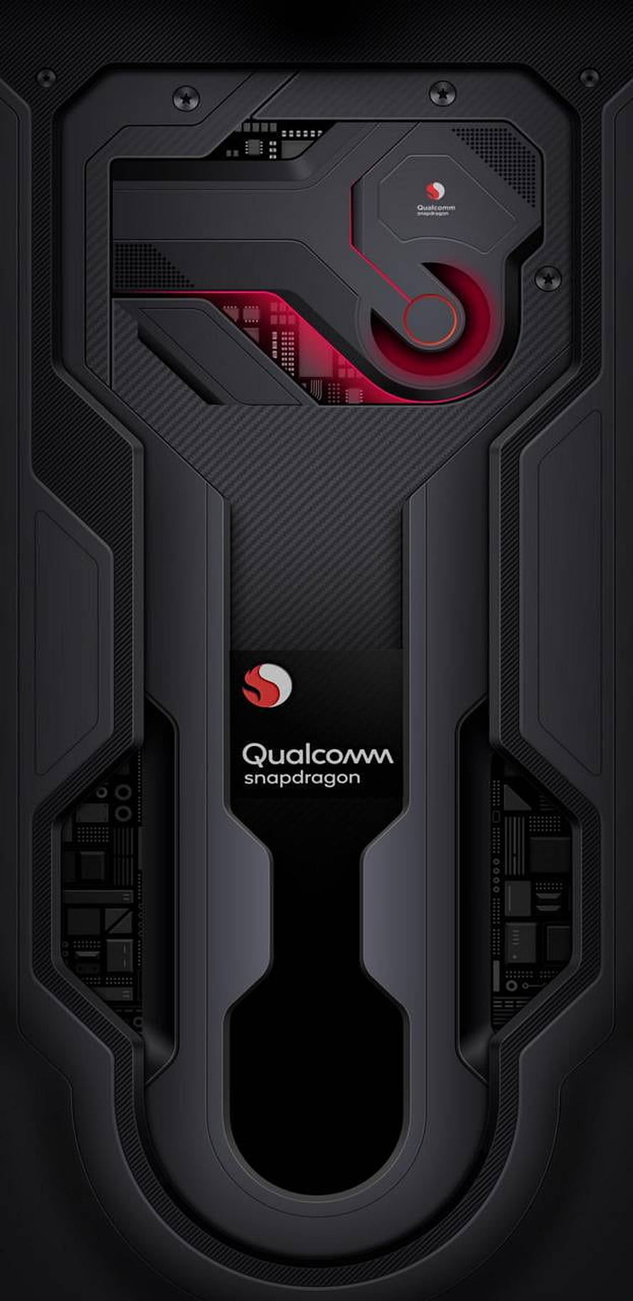 Qualcomm Snapdragon Processor Design with Red Circuit Accents and Carbon Fiber Texture HD phone wallpaper