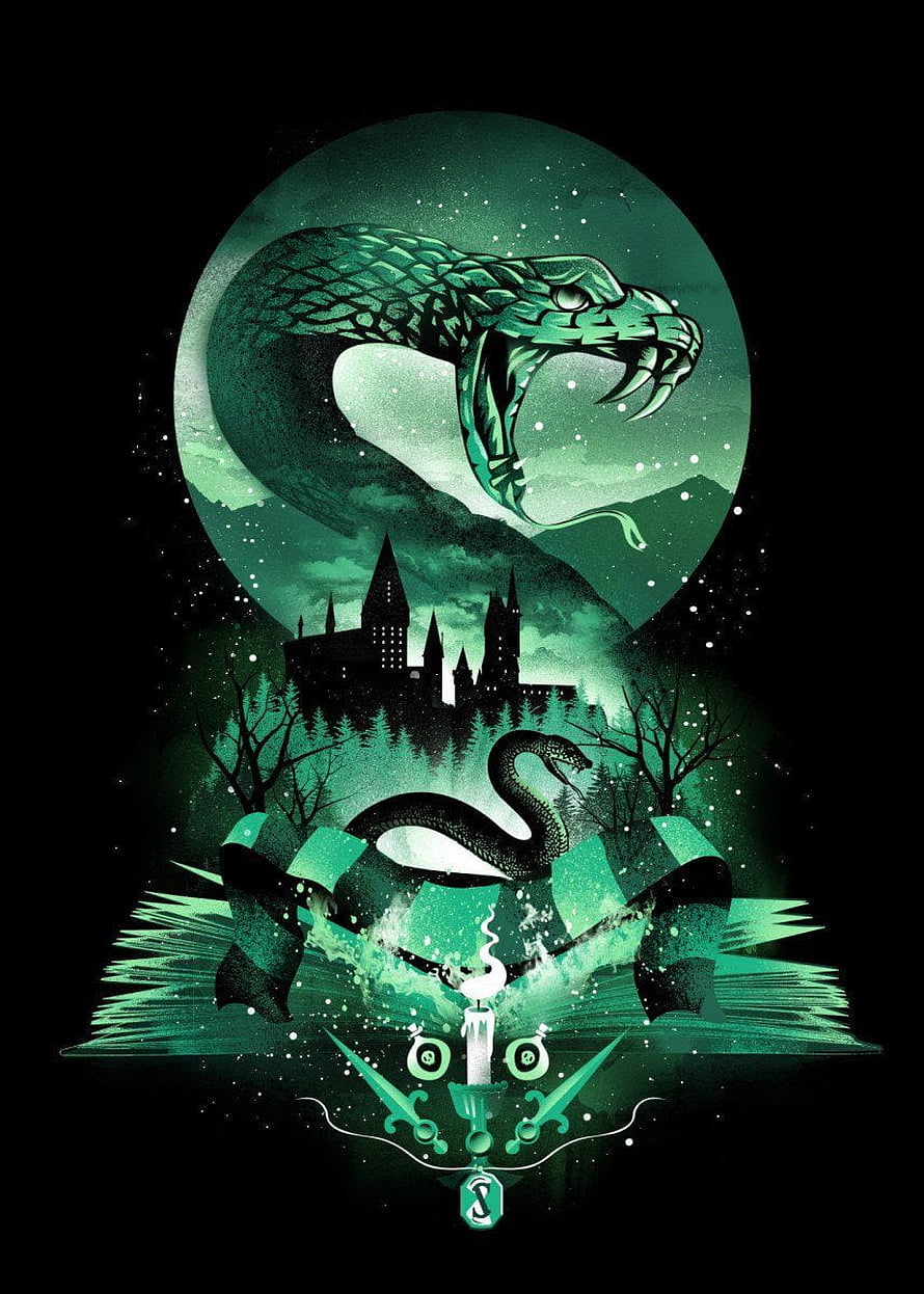 Slytherin House Crest with Serpent and Castle Silhouette in Green Fantasy Art HD phone wallpaper