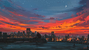 Couple Sitting on Rooftop Watching Vibrant Sunset Over City Skyline HD wallpaper