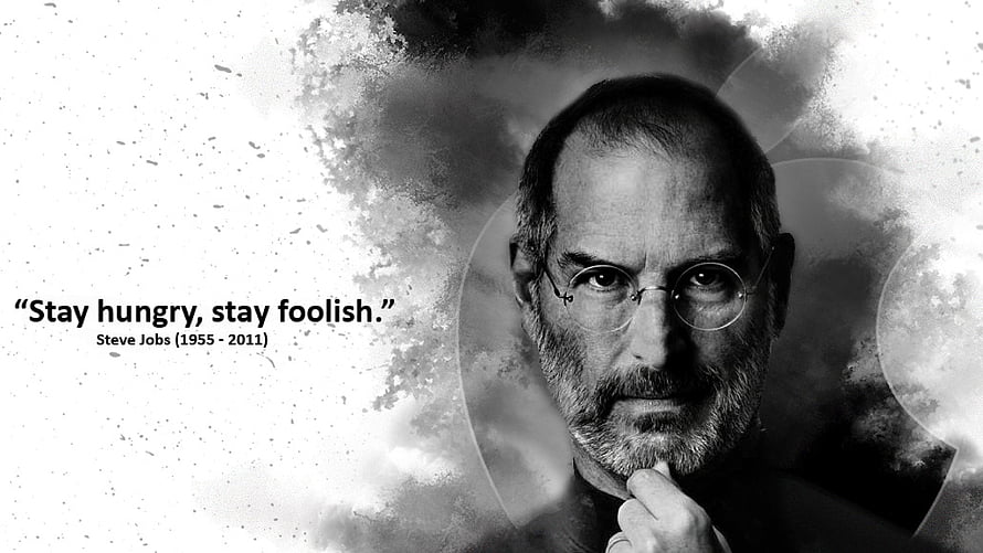 Steve Jobs Black and White Portrait with Stay Hungry Stay Foolish Quote HD wallpaper