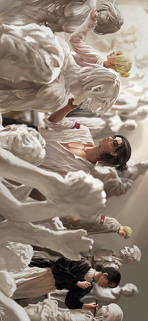 Attack on Titan characters as marble statues in a museum gallery HD phone wallpaper