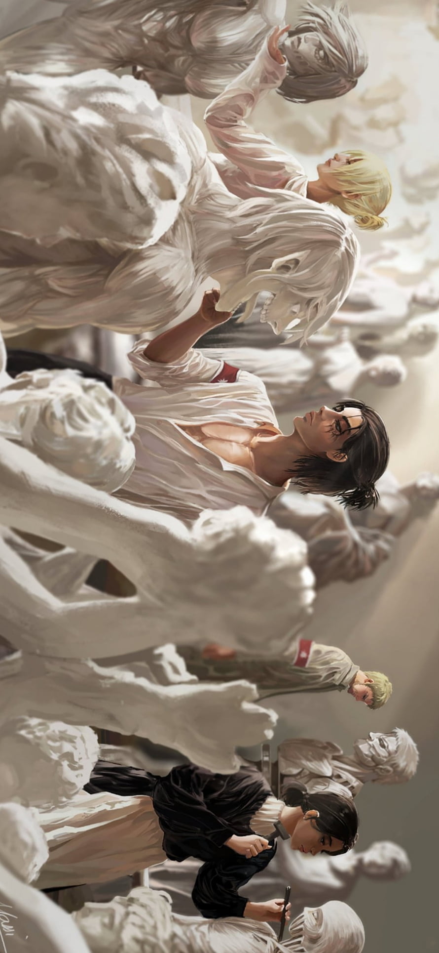 Attack on Titan characters as marble statues in a museum gallery HD phone wallpaper