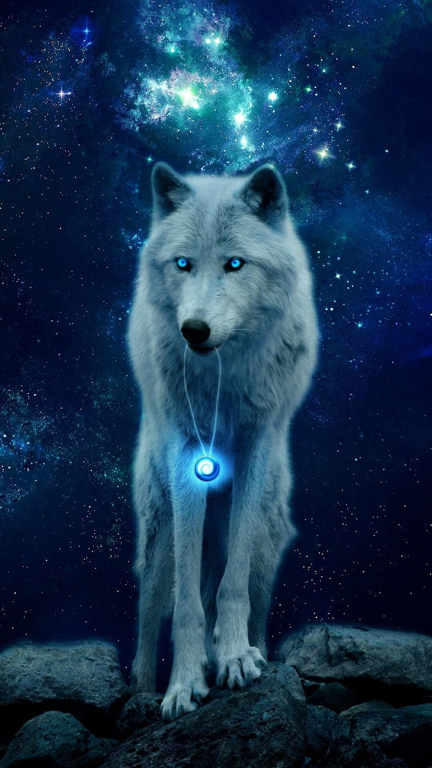 Mystical White Wolf with Glowing Blue Eyes and Cosmic Nebula Background HD phone wallpaper