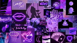 Purple Neon Aesthetic Collage With Lips, Jellyfish, Cats, And Moon HD wallpaper