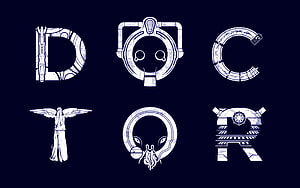 Doctor Who stylized typography logo with alien and angel motifs on dark blue background HD wallpaper
