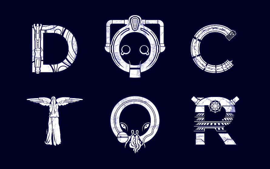Doctor Who stylized typography logo with alien and angel motifs on dark blue background HD wallpaper