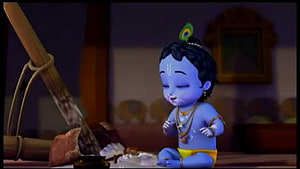 Cute 3D Krishna Baby Sitting in a Traditional Indian Room with Peacock Feather HD wallpaper
