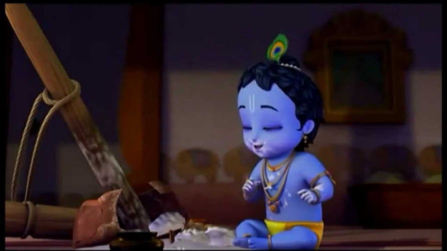 Cute 3D Krishna Baby Sitting in a Traditional Indian Room with Peacock Feather HD wallpaper
