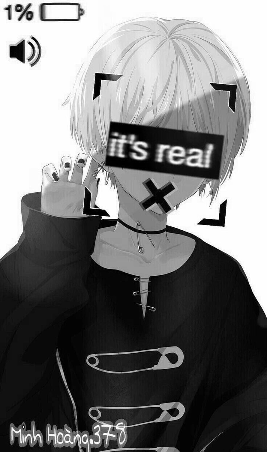 Monochrome Anime Boy With Safety Pins and Censored Eyes HD phone wallpaper