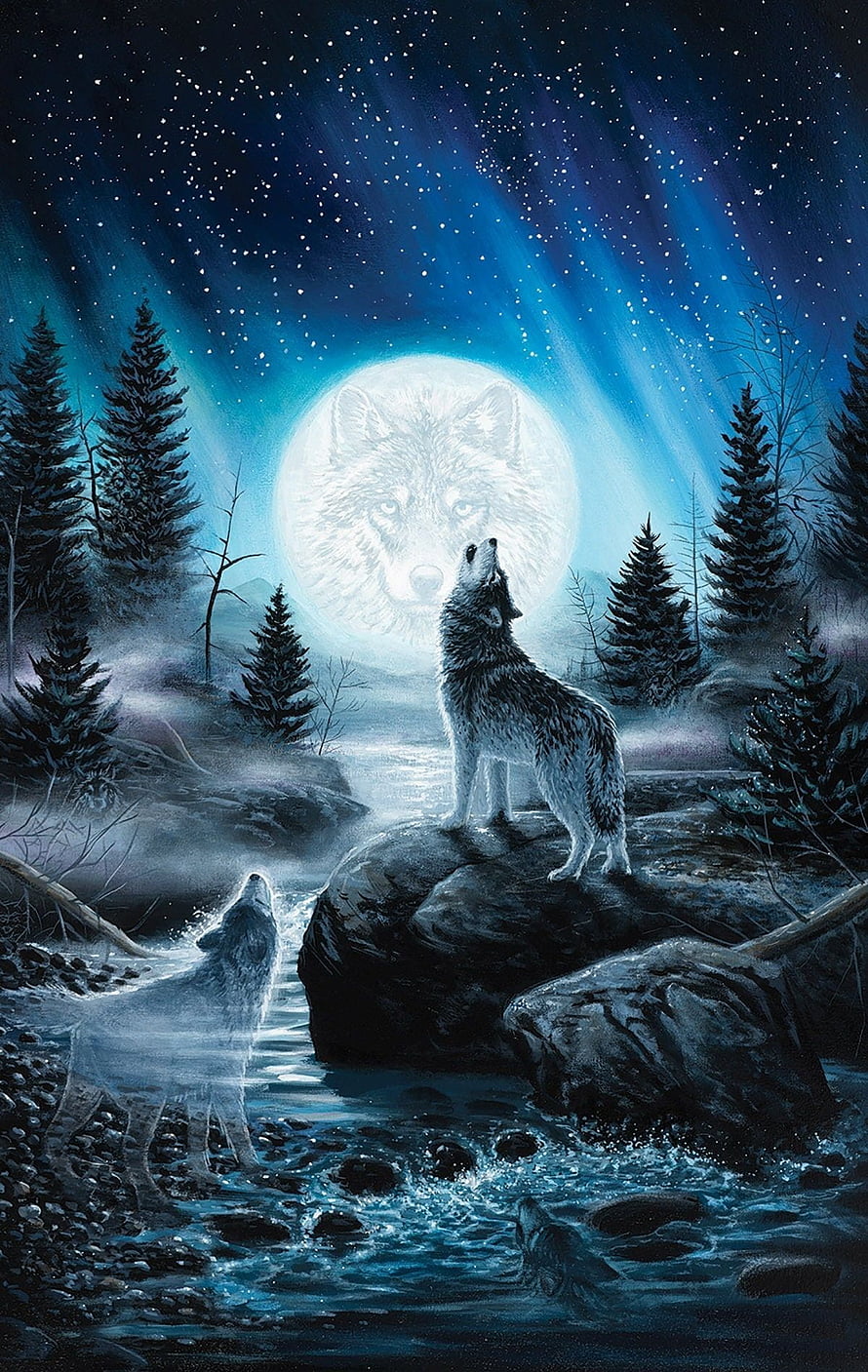 Two wolves howling at a full moon in a starlit winter forest with a flowing stream HD phone wallpaper