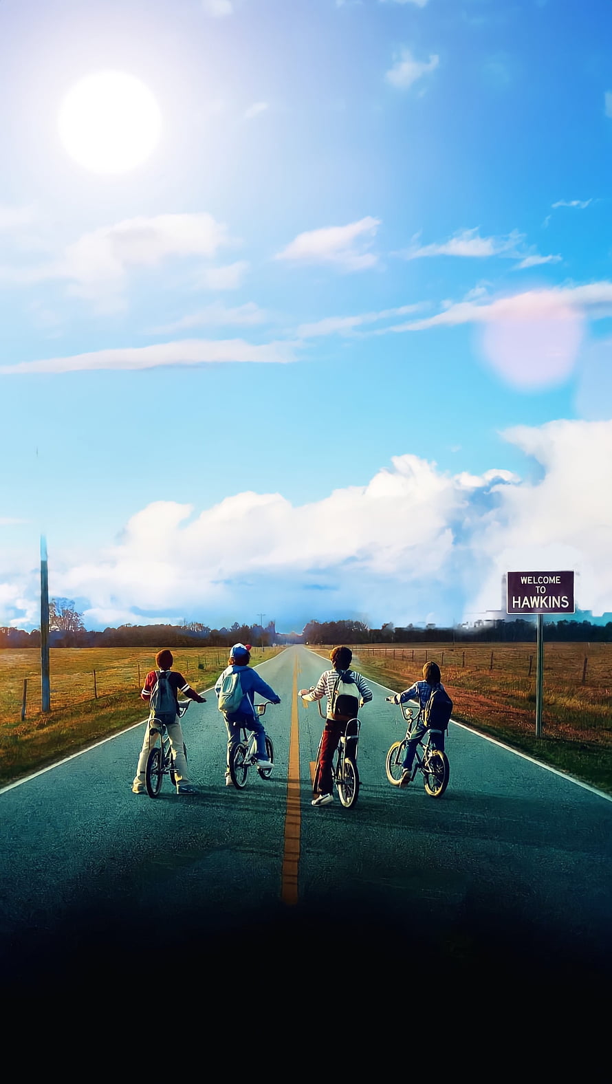 Stranger Things Kids Riding Bikes Towards Hawkins Sign Under Blue Sky HD phone wallpaper