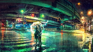 Romantic Couple Sharing Umbrella Under Urban Overpass in Rainy Night HD wallpaper