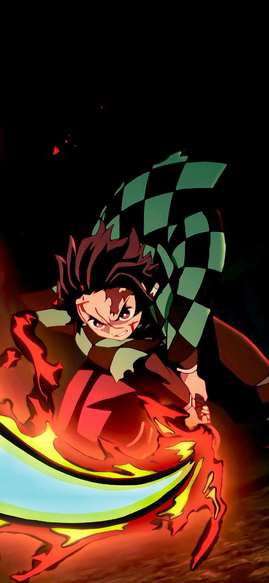 Tanjiro Kamado Wielding Hinokami Kagura Flame Sword Attack Anime Wallpaper HD phone wallpaper