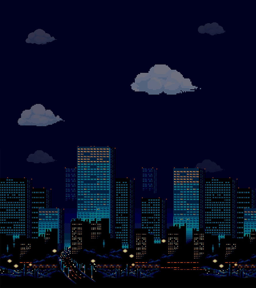 Pixel Art Night City Skyline With Glowing Windows And Clouds HD phone wallpaper