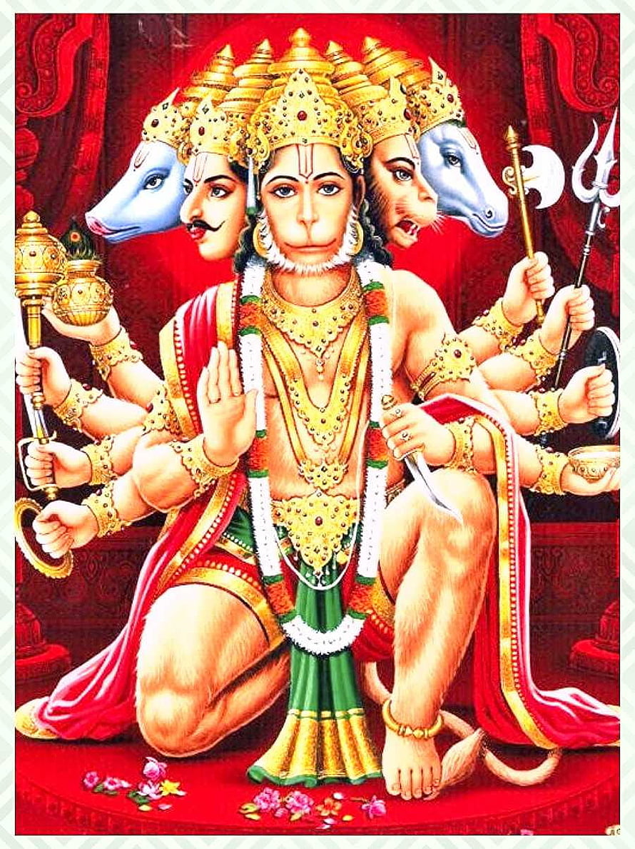 Panchamukhi Hanuman Five-Faced Hindu Deity Illustration with Traditional Ornaments, Anjaneya Swamy - Panchamukhi Hanuman -, Panchamukha Hanuman HD phone wallpaper
