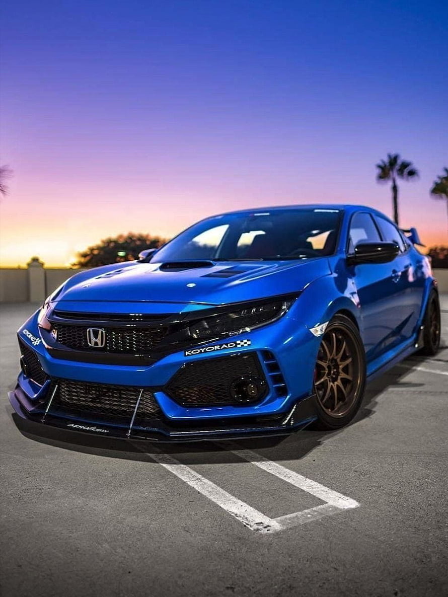 Blue Honda Civic Type R Widebody with Koyorad Front Bumper at Sunset HD phone wallpaper