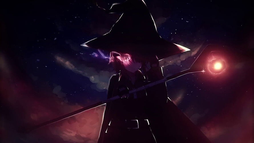 Dark Anime Witch Silhouette Holding Glowing Staff Under Starry Night Sky HD wallpaper