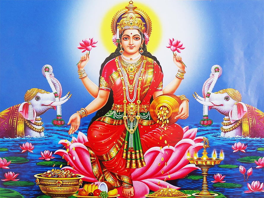 Goddess Lakshmi Sitting on Lotus with Elephants Pouring Water and Gold Coins HD wallpaper