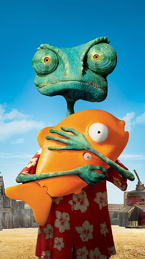 Rango the Chameleon Holding an Orange Fish in a Red Hawaiian Shirt Against a Blue Sky HD phone wallpaper