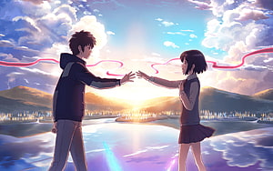 Anime Couple Reaching Out With Red String Connection Over Sunset Lake HD wallpaper