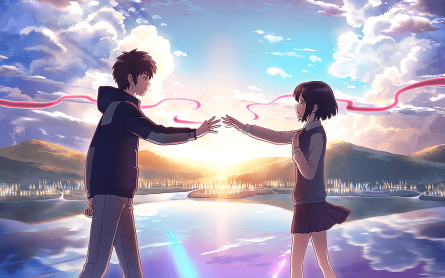 Anime Couple Reaching Out With Red String Connection Over Sunset Lake HD wallpaper
