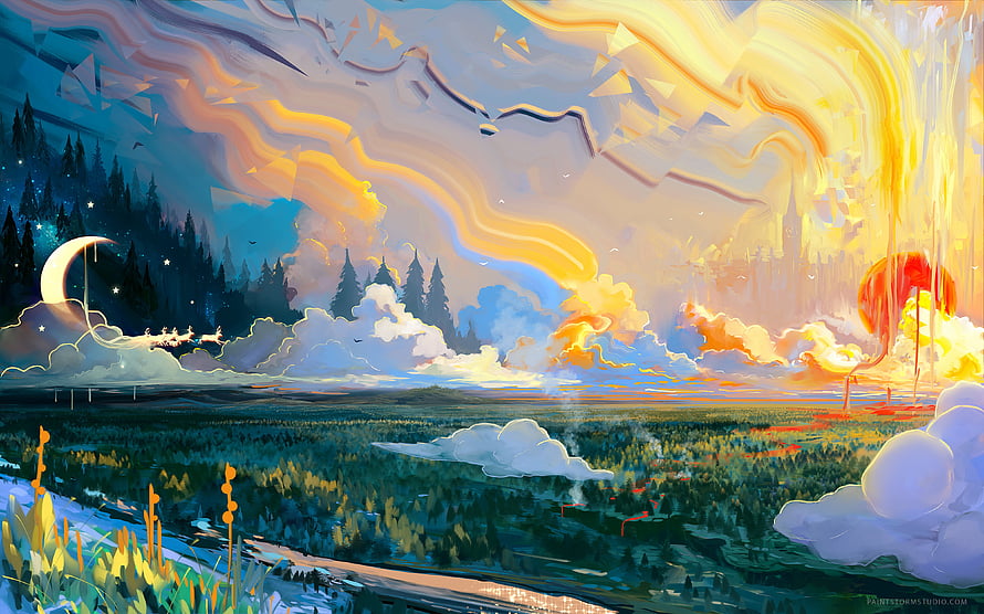 Vibrant Digital Landscape Art Featuring Crescent Moon, Pine Forest, and Golden Sunset Sky HD wallpaper
