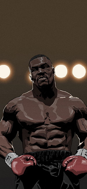 Mike Tyson Boxing Illustration, Muscular Fighter Portrait, Red Gloves, Arena Lights HD phone wallpaper