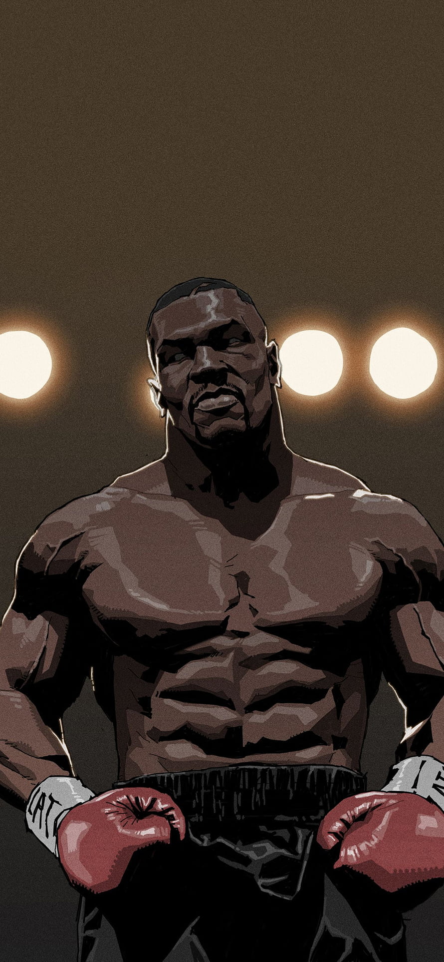 Mike Tyson Boxing Illustration, Muscular Fighter Portrait, Red Gloves, Arena Lights HD phone wallpaper