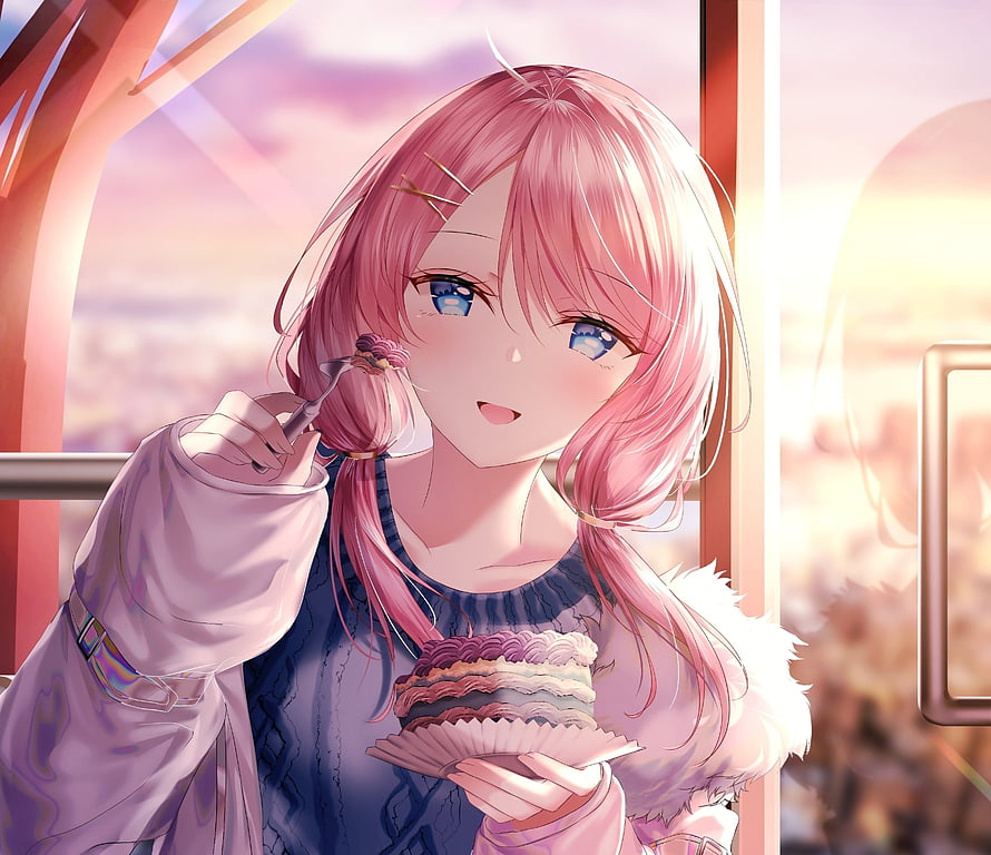 Anime Girl With Pink Hair Eating Cake By Window HD wallpaper
