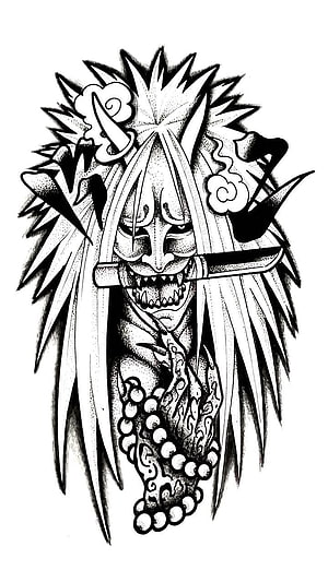 Traditional Japanese Oni Demon Mask with Katana and Prayer Beads Tattoo Design HD phone wallpaper