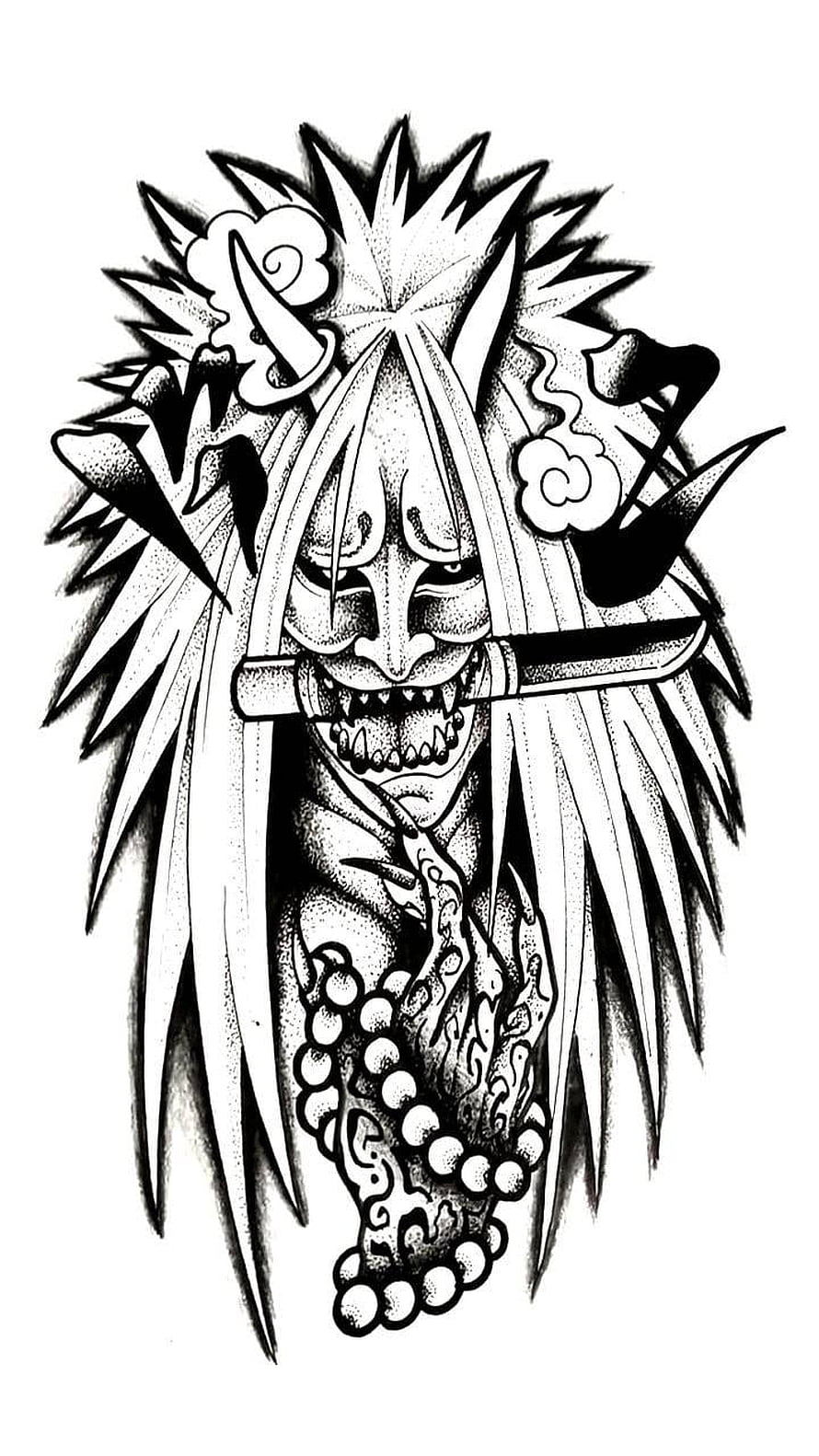 Traditional Japanese Oni Demon Mask with Katana and Prayer Beads Tattoo Design HD phone wallpaper