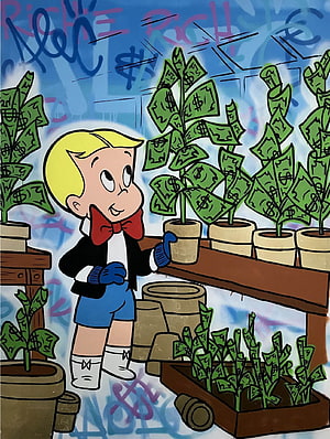 Richie Rich Tending Money Plants in a Graffiti Style Cartoon Illustration HD phone wallpaper