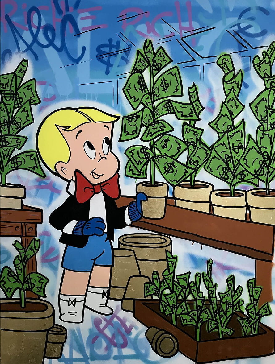 Richie Rich Tending Money Plants in a Graffiti Style Cartoon Illustration HD phone wallpaper
