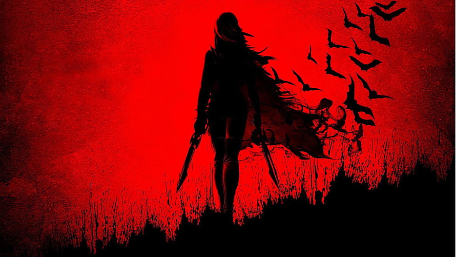 Silhouette of a female warrior with dual swords against a red sky with flying bats HD wallpaper