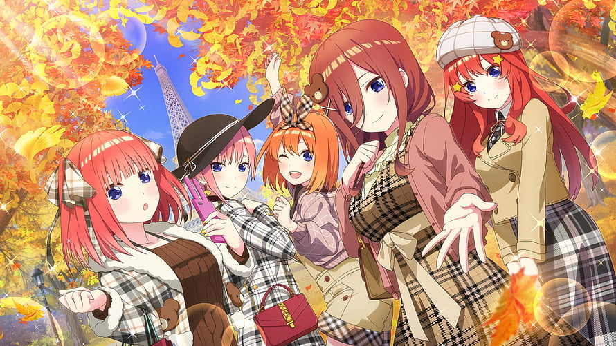 The Quintessential Quintuplets Nakano Sisters in Autumn Paris with Eiffel Tower HD wallpaper