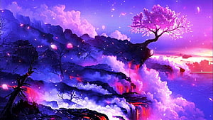 Fantasy Landscape With Glowing Pink Tree And Purple Clouds HD wallpaper