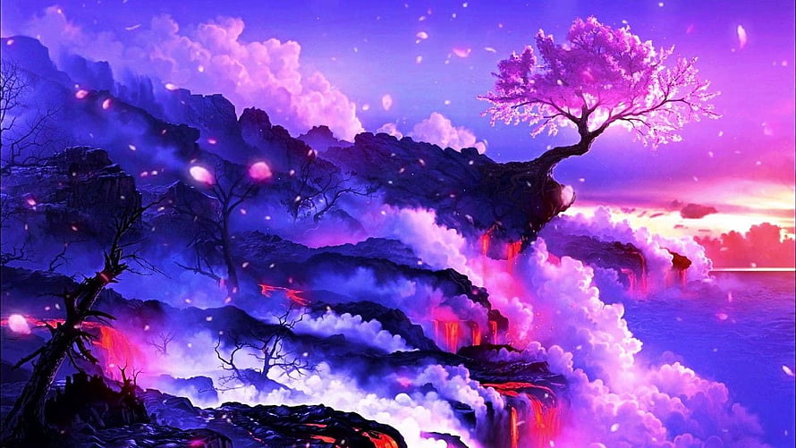 Fantasy Landscape With Glowing Pink Tree And Purple Clouds HD wallpaper