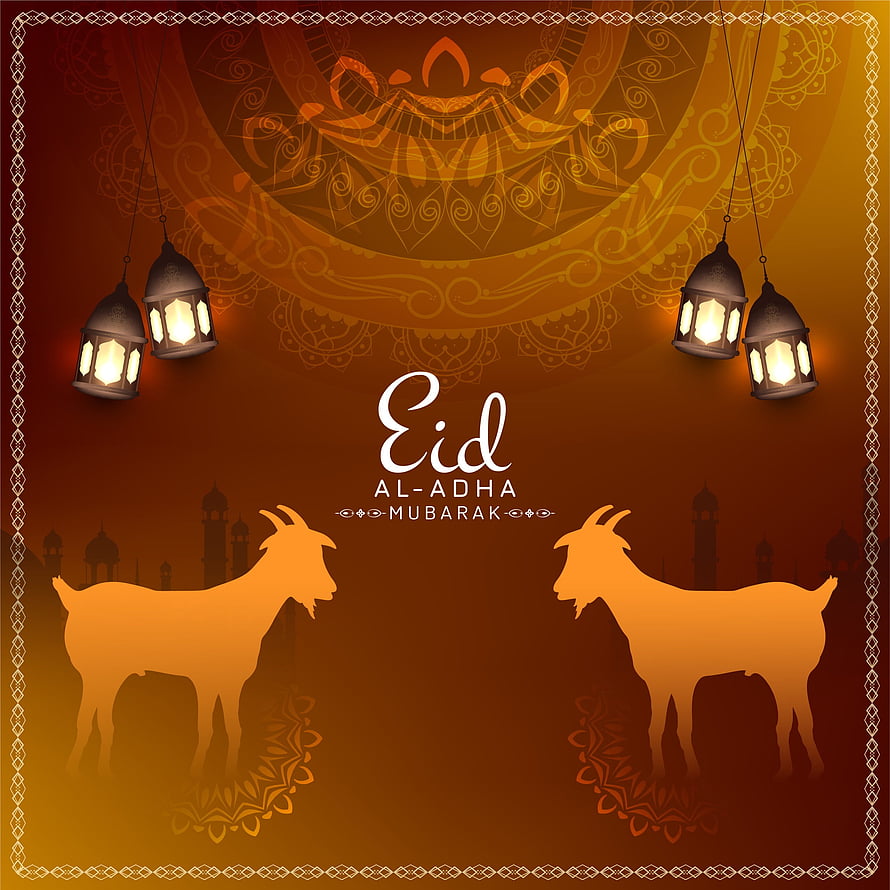 Eid Al-Adha Mubarak Greeting Card with Lanterns and Goat Silhouettes HD phone wallpaper